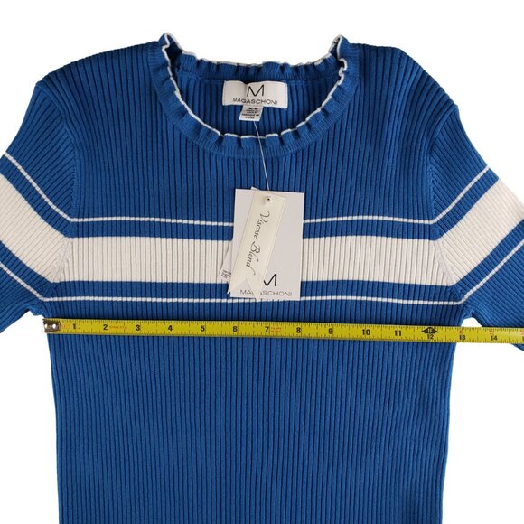 Magaschoni Blue White Stretchy Rib Knit Top Med Ruffle Edge Neck & Sleeves NWT - Picture 6 of 8